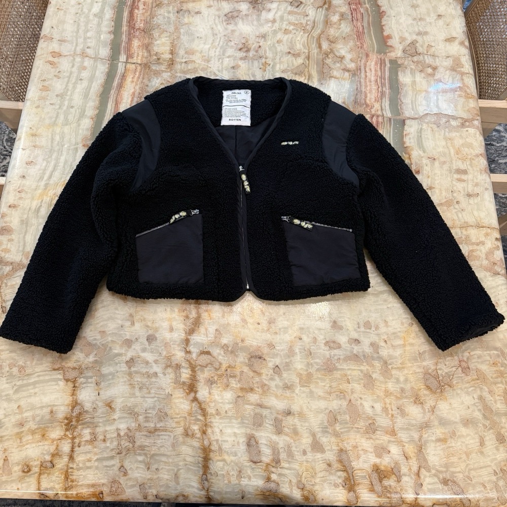 ROTTEN Yeti Fleece Jacket Size 2 Black Sherpa Zip Cropped Oversized‎ Streetwear